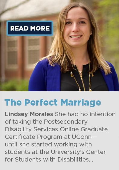 Lindsay Morales' profile picture and testimonial about being a student at UConn's postsecondary disability services online graduate certificate